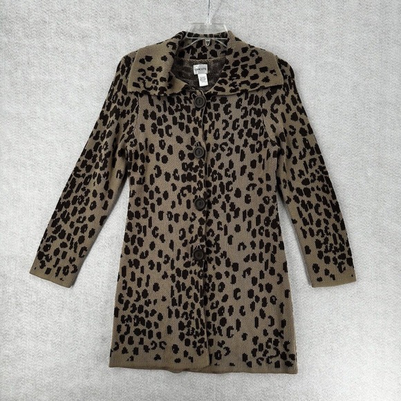 Chicos Leopard Cardigan Sweater Womens 0 SMALL‎ Wool Brown Long Sleeve Long Line - Picture 1 of 14